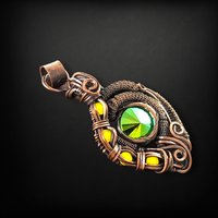 Handmade Copper Wire Wrapped Pendant with Green Crystal, Green Rivoli Crystal Jewelry, Artisan Pendant, Statement Pendant