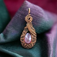 Handmade Copper Wire Wrapped Rhinestone Pendant | Sparkling Wine Red | Unique Gift | Artisan Jewelry