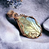 Handmade Copper Wire Wrapped Leaf Carved Labradorite Necklace | Unique Pendant | One-of-a-Kind Jewelry