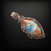 Handmade Copper Wire Wrapped Millefiori Pendant, Rustic Patina, Unique Glass Art Jewelry, Gift for Her, Bohemian Pendant