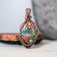 Handmade Copper Wire Wrapped Millefiori Pendant, Rustic Patina, Unique Glass Art Jewelry, Gift for Her, Bohemian Pendant