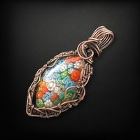 Handmade Copper Wire Wrapped Millefiori Pendant, Rustic Patina, Unique Glass Art Jewelry, Gift for Her, Bohemian Pendant