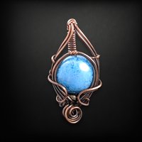 Handmade Copper Wire Wrapped Blue Czech Glass Pendant, Unique Artisan Jewelry, Handmade Gift Idea