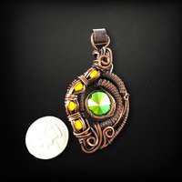 Handmade Copper Wire Wrapped Pendant with Green Crystal, Green Rivoli Crystal Jewelry, Artisan Pendant, Statement Pendant