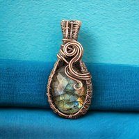 Handmade Copper Wire Wrapped Checkered Labradorite Pendant | Unique Artisan Jewelry | Boho Gift
