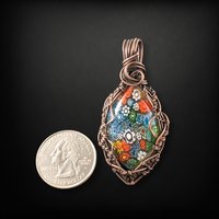 Handmade Copper Wire Wrapped Millefiori Pendant, Rustic Patina, Unique Glass Art Jewelry, Gift for Her, Bohemian Pendant