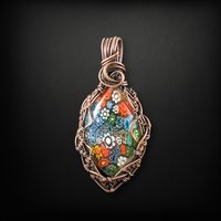 Handmade Copper Wire Wrapped Millefiori Pendant, Rustic Patina, Unique Glass Art Jewelry, Gift for Her, Bohemian Pendant
