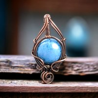 Handmade Copper Wire Wrapped Blue Czech Glass Pendant, Unique Artisan Jewelry, Handmade Gift Idea