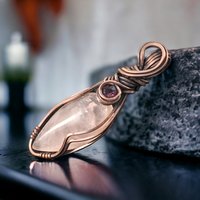 Handmade Copper Wire Wrapped Rose Quartz & Amethyst Pendant, Unique Crystal Jewelry, Love and Healing Gift