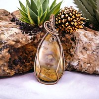 Handmade Copper Wire Wrapped Tan Agate Pendant | Unique Bohemian Jewelry | Antiqued Copper | Gift for Crystal Lovers