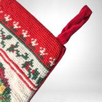 Vintage Needlepoint Christmas Stocking | Puppy in Wreath Stocking | Handmade Christmas Decor | Holiday Stocking