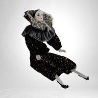 Vintage 14" Porcelain Harlequin Clown Doll, Black Clothes with Stars