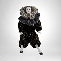 Vintage 14" Porcelain Harlequin Clown Doll, Black Clothes with Stars