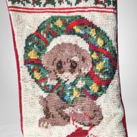 Vintage Needlepoint Christmas Stocking | Puppy in Wreath Stocking | Handmade Christmas Decor | Holiday Stocking