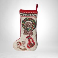 Vintage Needlepoint Christmas Stocking | Puppy in Wreath Stocking | Handmade Christmas Decor | Holiday Stocking