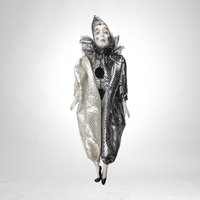 Vintage Porcelain Harlequin Doll, 17" Black and Silver Jester Doll, Pierrot Clown, Collectible Doll, Decorative Doll