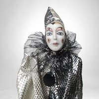 Vintage Porcelain Harlequin Doll, 17" Black and Silver Jester Doll, Pierrot Clown, Collectible Doll, Decorative Doll