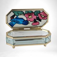 Vintage Joan Baker Designs Jewelry Box, Hand Painted Glass Trinket Box, Bluebird and Flowers, Collectible Box, Gift for Her