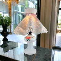 Vintage Painted Floral Milk Glass Lamp with Lace Shade | 9.5" Tall | Charming Bedroom or Living Room Accent | Unique Gift