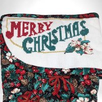 Vintage Handmade Quilted & Cross Stitched 'Merry Christmas' Stocking, 15" Tall, Excellent Condition, Unique Holiday Decor, Gift Idea