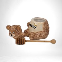 Vintage 1996 MSR  Ceramic Bear with Hand in Honey Pot with Wooden Stick