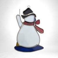 Vintage Stained Glass Snowman Suncatcher, Christmas Decor, Snowman with Broom, 7 Inch Hanging Decoration, Winter Decor, Unique Gift