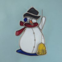 Vintage Stained Glass Snowman Suncatcher, Christmas Decor, Snowman with Broom, 7 Inch Hanging Decoration, Winter Decor, Unique Gift