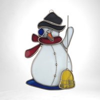 Vintage Stained Glass Snowman Suncatcher, Christmas Decor, Snowman with Broom, 7 Inch Hanging Decoration, Winter Decor, Unique Gift