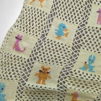 Vintage Handmade Granny Square Yellow Baby Blacket with Animals