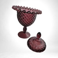 Vintage Purple Glass Candy Dish, Compote with Lid, Pedestal Dish, Diamond Cut Glass,  Amethyst Glassware,  Candy Dish, Home Decor