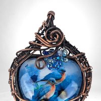 Handmade Copper Wire Wrapped Pendant with Blue Birds | Unique Artisan Jewelry | Nature-Inspired Necklace | Gift for Bird Lovers