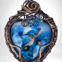 Handmade Copper Wire Wrapped Pendant with Blue Birds | Unique Artisan Jewelry | Nature-Inspired Necklace | Gift for Bird Lovers