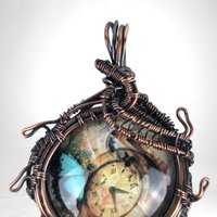 Handcrafted Copper Wire Wrapped Pendant | Clock Collage | Picture Cabochon | Earth Tones | Unique Gift | Vintage Style