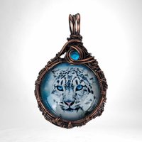 Handmade Snow Leopard Pendant | Copper Wire Wrapped | Blue Accent | Nature Inspired Jewelry