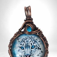Handmade Snow Leopard Pendant | Copper Wire Wrapped | Blue Accent | Nature Inspired Jewelry
