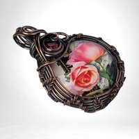 Handmade Copper Wire Wrapped Rose Necklace | Pink Rose Cabochon Pendant | Red Glass Bead Accent |  Gift for Her