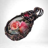 Handmade Copper Wire Wrapped Rose Necklace | Pink Rose Cabochon Pendant | Red Glass Bead Accent |  Gift for Her