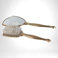 Vintage Vanity Brush and Mirror Set, Pink with Gold Flowers