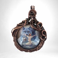 Copper Wire Wrapped Pendant Featuring Female and Wolves | Unique Artisan Jewelry | Nature-Inspired Statement Necklace | Bohemian Style