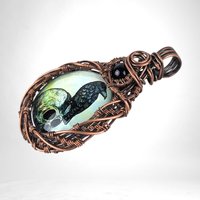 Copper Wire Wrapped Pendant with Raven and Skull | Unique Gothic Jewelry | Handmade Statement Necklace | Dark Aesthetic Accessory