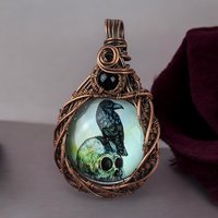 Copper Wire Wrapped Pendant with Raven and Skull | Unique Gothic Jewelry | Handmade Statement Necklace | Dark Aesthetic Accessory