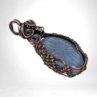 Copper Wire Wrapped Hand Carved Blue Onyx Pendant | Unique Artisan Jewelry | Natural Stone Necklace | Bohemian Style Gift for Her