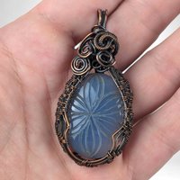 Copper Wire Wrapped Hand Carved Blue Onyx Pendant | Unique Artisan Jewelry | Natural Stone Necklace | Bohemian Style Gift for Her
