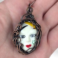 Mardi Gras Necklace | Copper Wire Wrapped Pendant | Female Face | Bohemian Jewelry | Oxidized Copper | Gift for Her