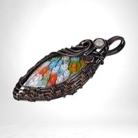 Handmade Copper Wire Wrapped Millefiori Pendant with Rose Quartz Accent – Unique Artisan Jewelry Gift