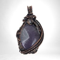 Copper Wire Wrapped Amethyst Pendant | Handmade Crystal Jewelry | Antiqued Copper & Glass Accent | 2" | Gift for Her