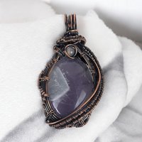 Copper Wire Wrapped Amethyst Pendant | Handmade Crystal Jewelry | Antiqued Copper & Glass Accent | 2" | Gift for Her