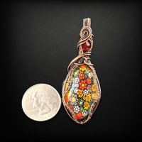 Copper Wire Wrapped Millefiori Pendant | Handmade Glass Jewelry | 2.5" Height | Red Bead Accent | Unique Gift | No Chain