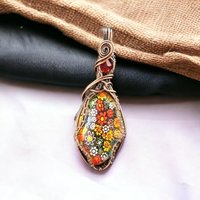 Copper Wire Wrapped Millefiori Pendant | Handmade Glass Jewelry | 2.5" Height | Red Bead Accent | Unique Gift | No Chain