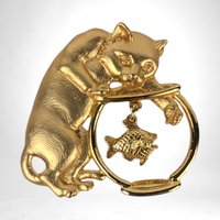 Vintage Gold Toned Cat and Fishbowl Brooch | Signed JJ Jonette Jewelry Co. | Whimsical Cat Brooch